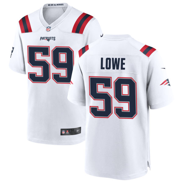Away Vederian Lowe Womens Authentic Stitched New England Patriots Number 59 White Football Jersey