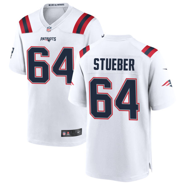 Andrew Stueber Away Mens Authentic Stitched New England Patriots Number 64 White Football Jersey