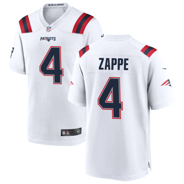 Stitched Bailey Zappe Away Mens Authentic New England Patriots Number 4 White Football Jersey